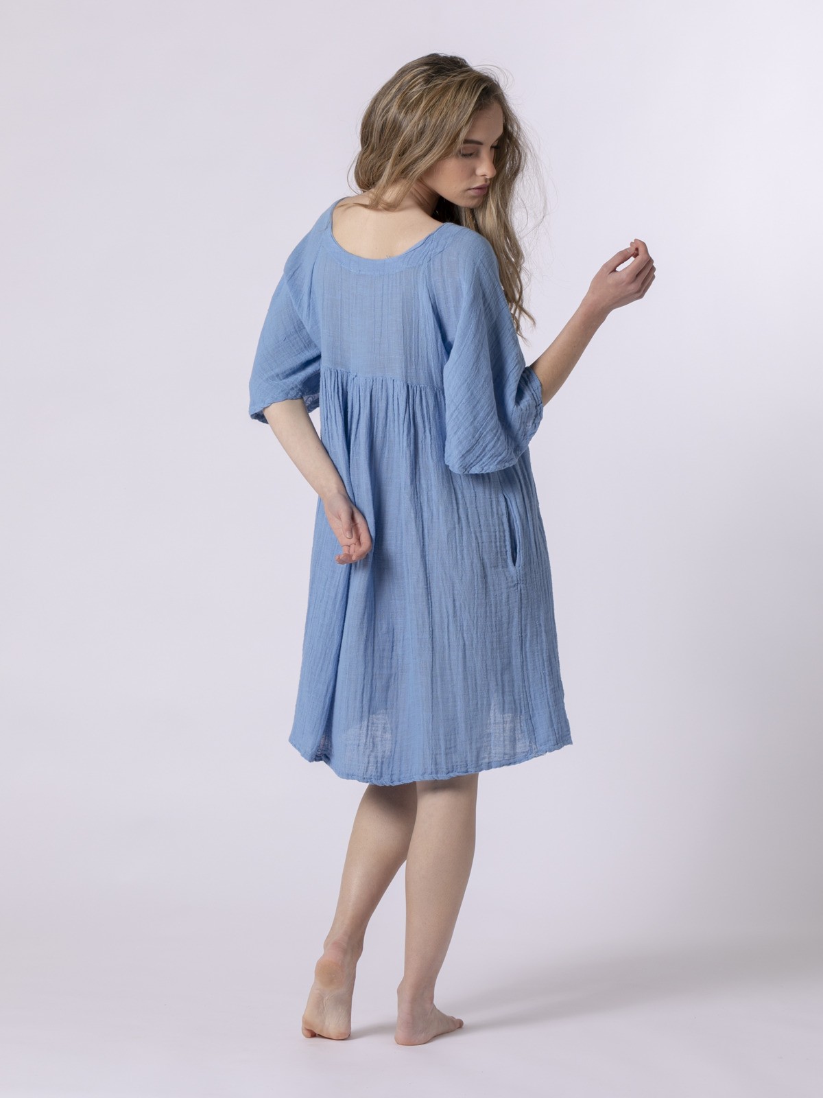 Buy Woman Short linen dress Blue 4x4woman. Fashion women since 1996
