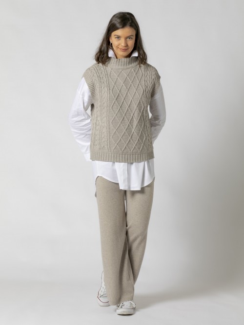 Woman Knitted waistcoat with high neck Stone