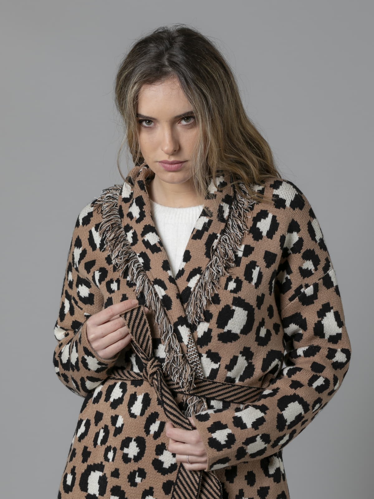 Woman Animal print fringed jacket Camel