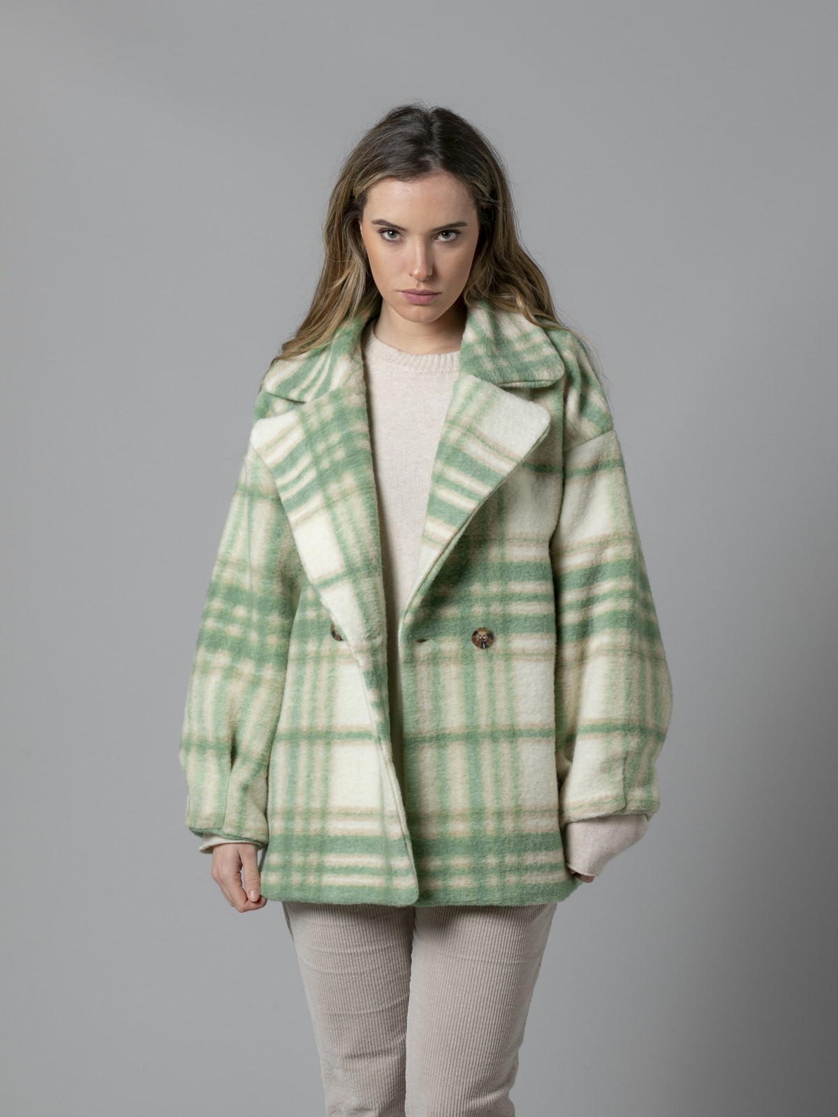 Woman Short checked wool coat Green