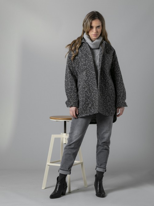 Woman Padded print coat with two pockets Grey