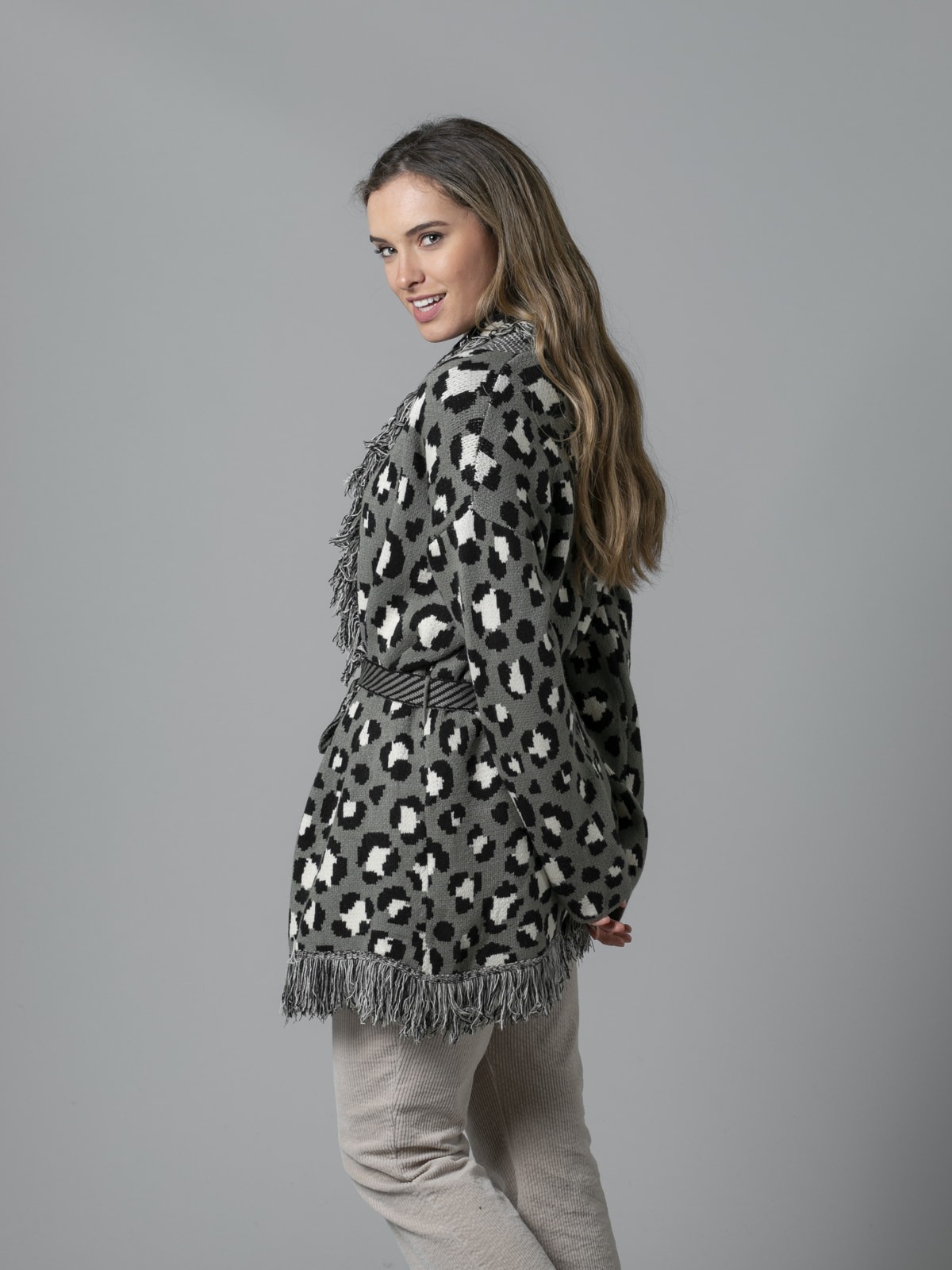 Woman Animal print fringed jacket Khaki