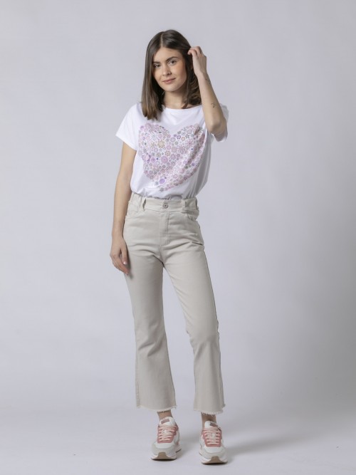 Woman bootcut cotton trousers with ankle-length hem Beige