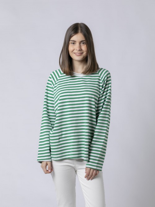 Woman Striped eco cotton sweater with neck detail Green