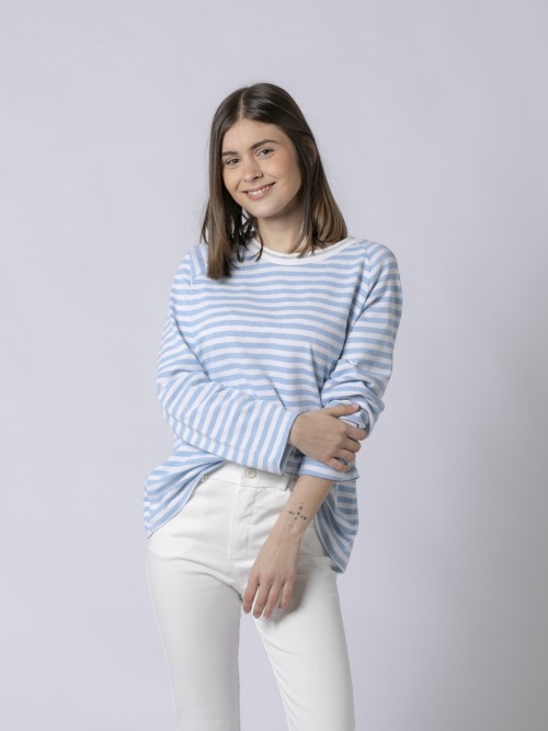 Woman Striped eco cotton sweater with neck detail Blue Claro