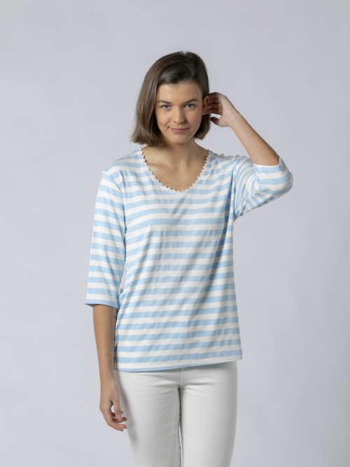 Woman Natural tex striped t-shirt with neckline Blue Claro