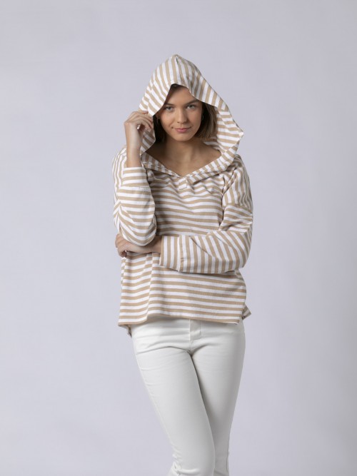Woman Striped eco-cotton hooded sweatshirt Beige