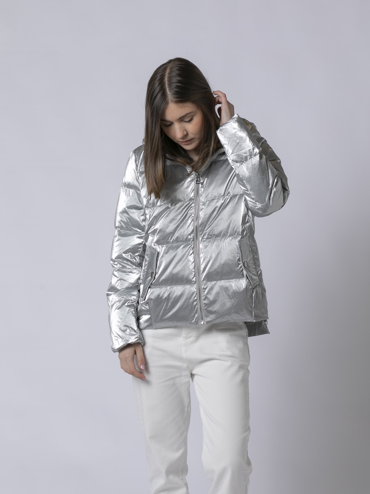 Woman Comfort metallic fabric down jacket Plata