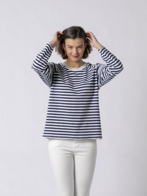 Woman Fine striped 100% cotton sweater with lurex detail Blue Navy