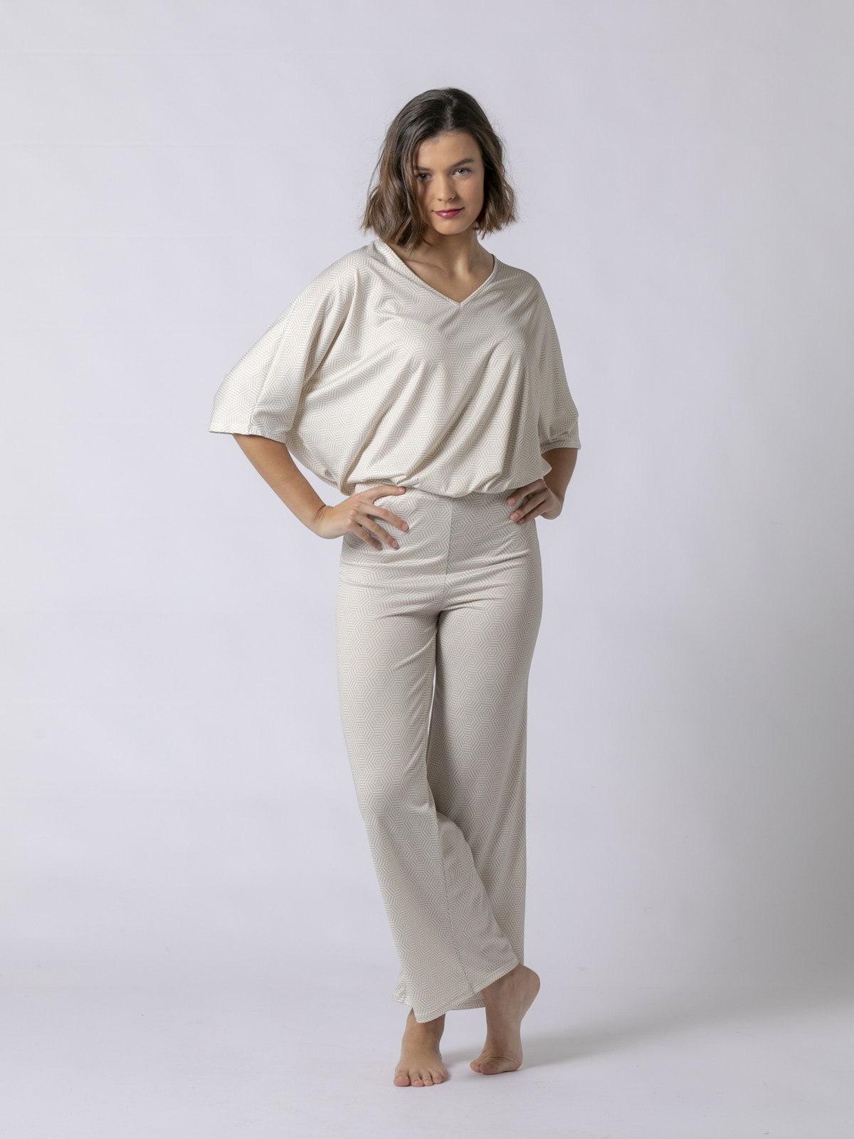 Pantalón culotte estampado retro hexagon Beige Claro