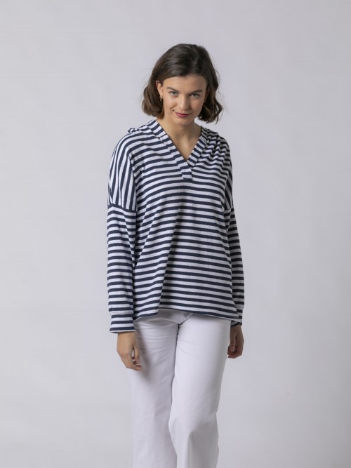 Woman 100% cotton striped hoodie Blue Navy