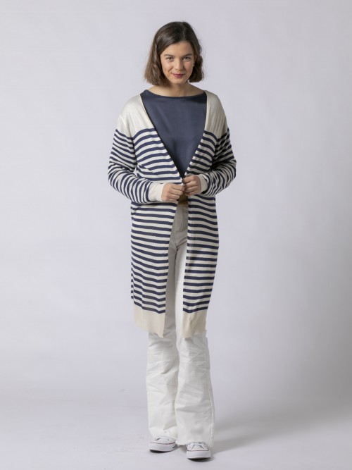 Woman Long striped fine knit jacket Blue Navy