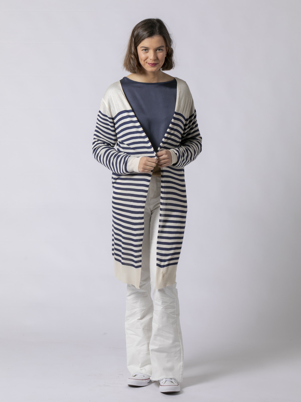 Chaqueta larga de rayas punto fino Azul Marino