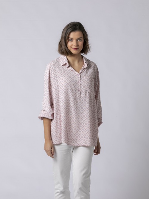 Woman 1-pocket natural tex printed shirt Lila