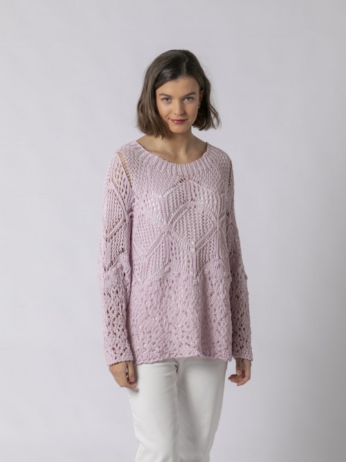 Woman 100% cotton crochet sweater Pink