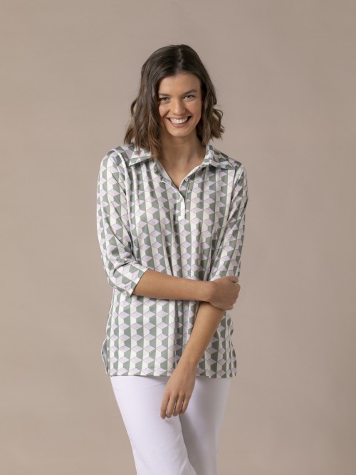 Woman Retro style geometric print polo shirt Khaki