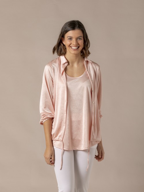 Woman Buttoned stretch satin shirt Nude