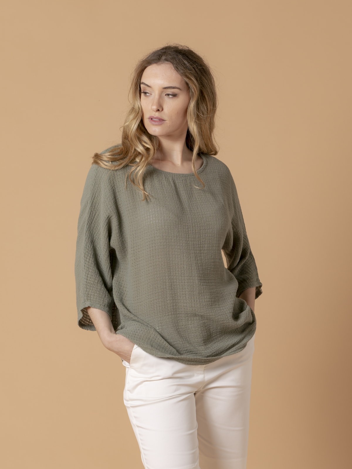 Woman 100% trendy cotton blouse Khaki