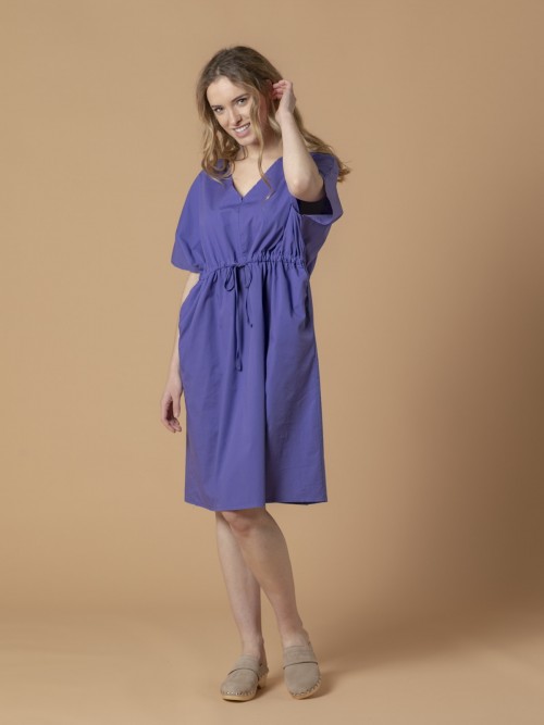 Woman Cotton dress with pockets and adjustable waist Blue Lavanda