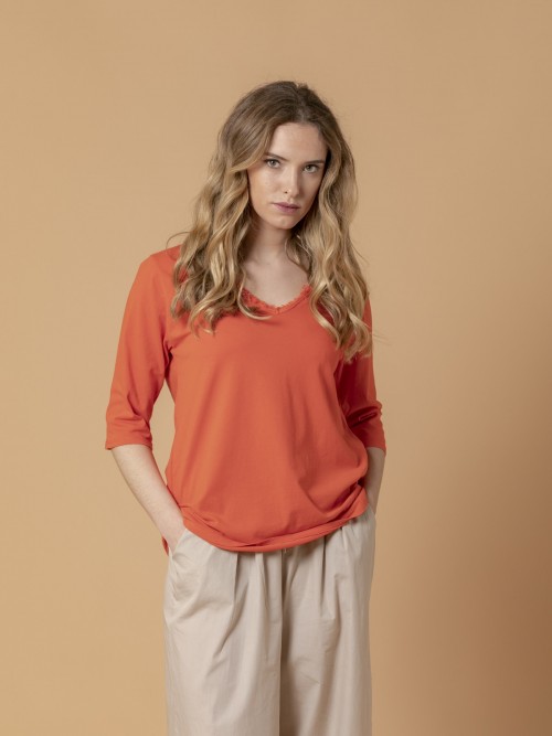Woman Neck detail Fitted T-Shirt Orange