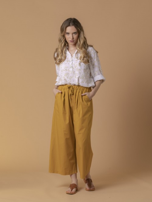 Woman Wide elastic poplin trousers with adjustable waist Oro