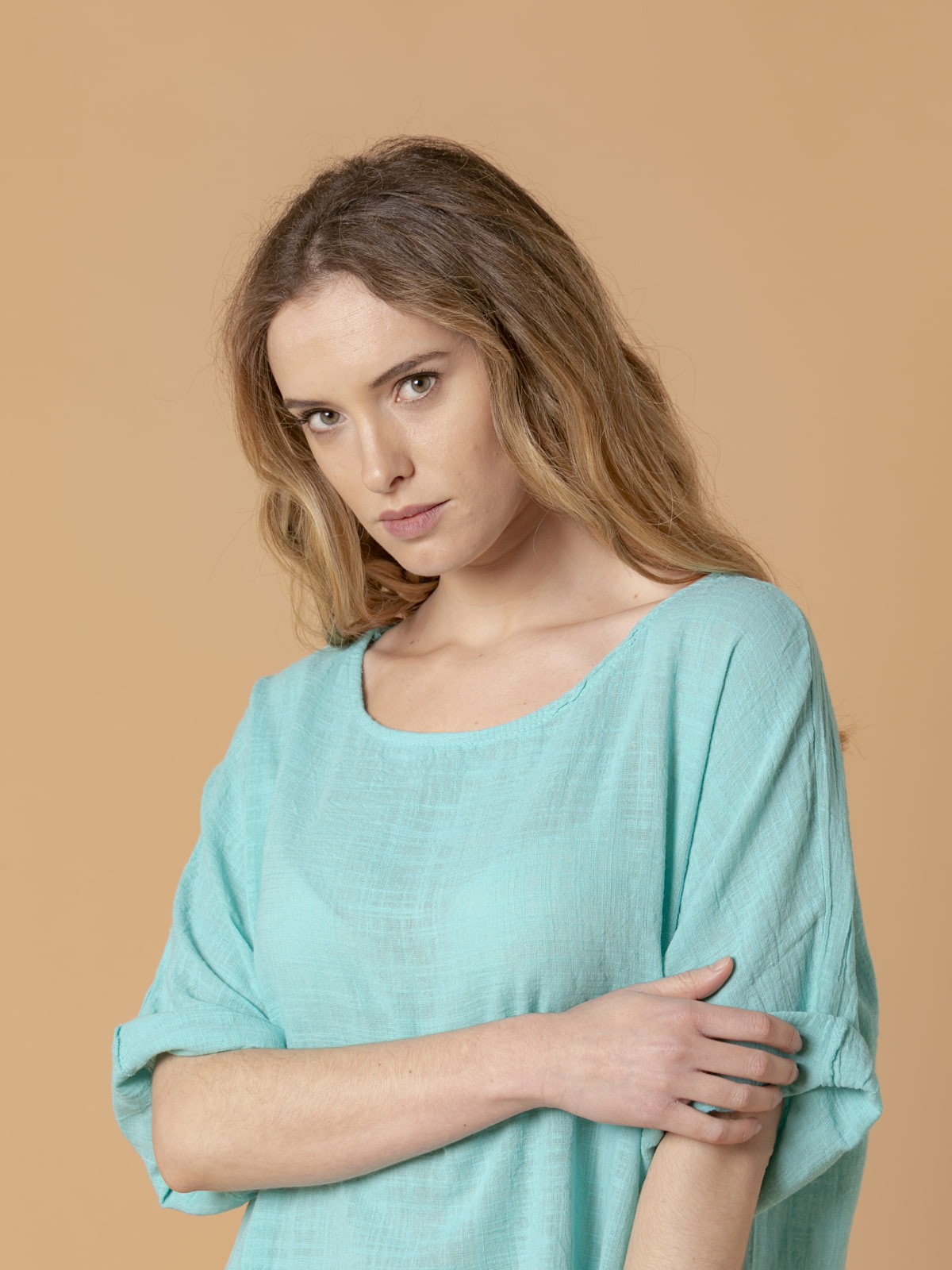 Woman Fresh rustic cotton blouse Turquoise