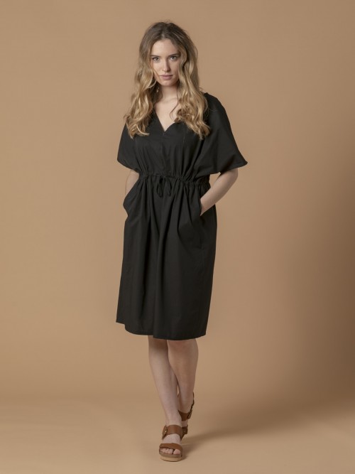 Woman Cotton dress with pockets and adjustable waist Black