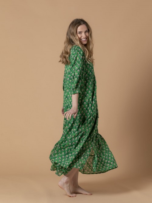Woman printed v-neck lined dress Green