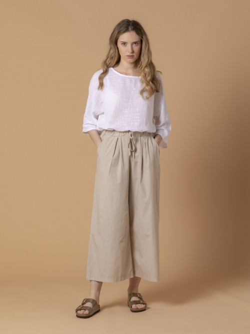 Woman Wide elastic poplin trousers with adjustable waist Beige