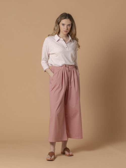 Pantalón amplio de popelín elástico cintura ajustable Rosa