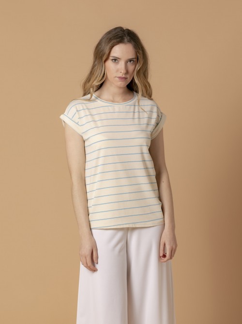 Woman Organic cotton striped T-shirt Turquoise