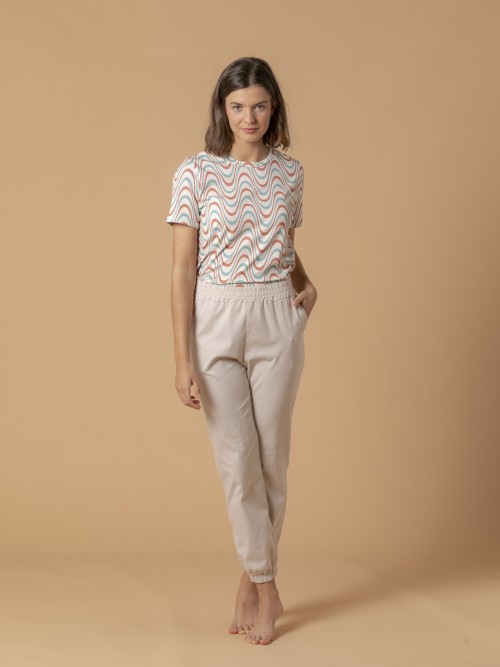Woman Young cotton trousers with adjustable hem Beige