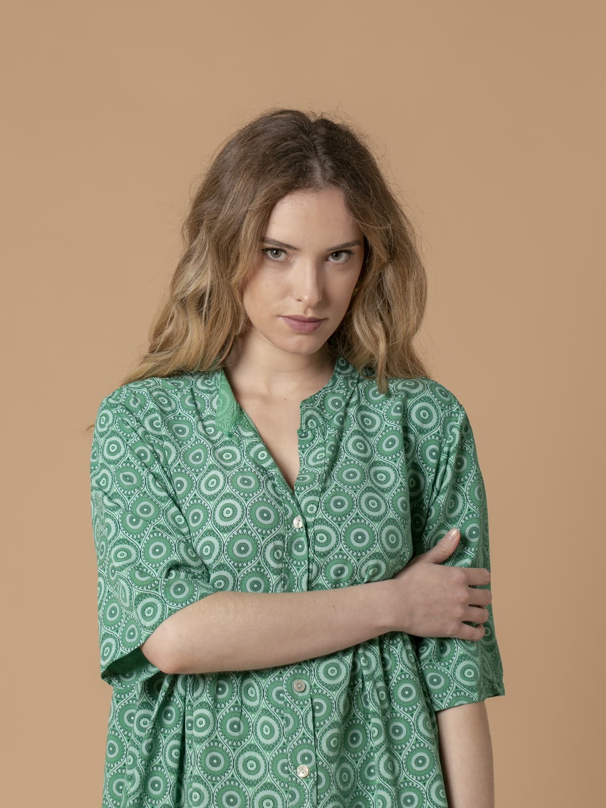 Woman Button-up geometric print blouse Green