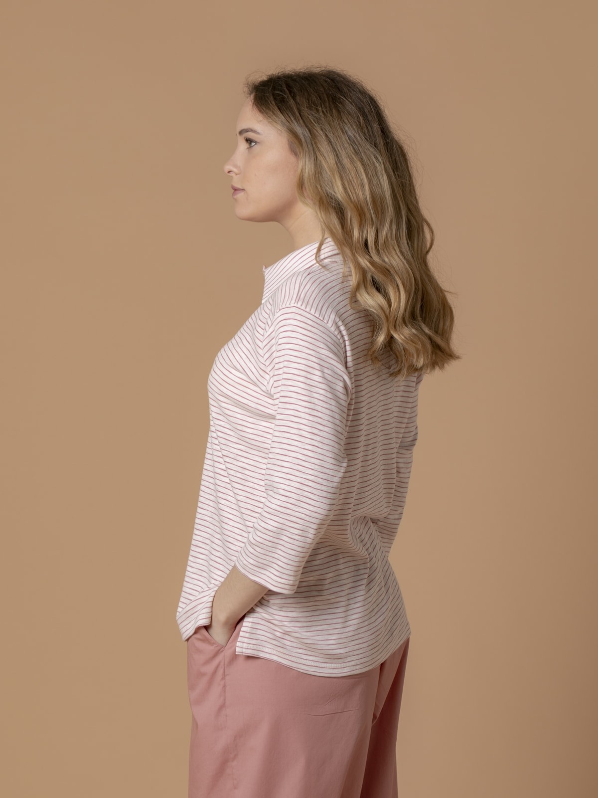 Woman Striped cotton polo shirt Pink