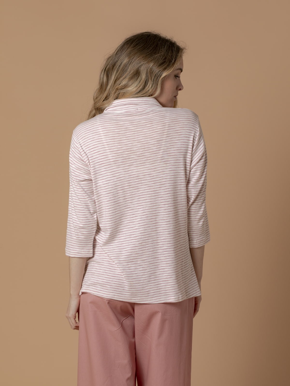 Woman Striped cotton polo shirt Pink