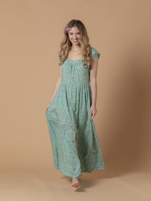 Woman Long printed dress with straps Green