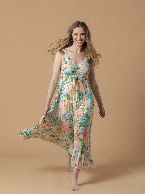 Woman Printed dress with pleated hem Turquoise