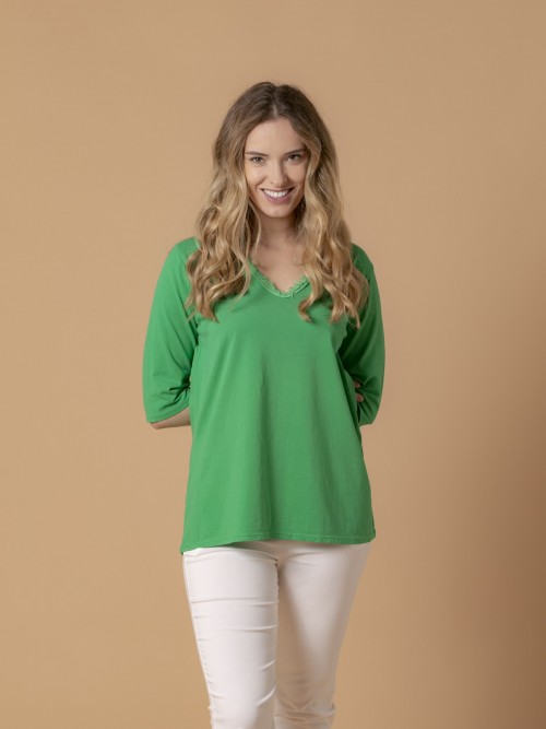 Woman Neck detail Fitted T-Shirt Green