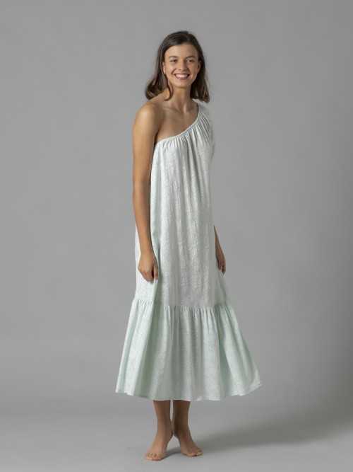Woman Long printed dress with ruffle detail Aqua