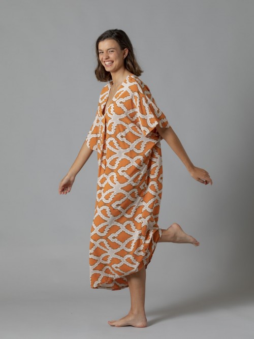 Woman Monochrome print fluid dress Orange
