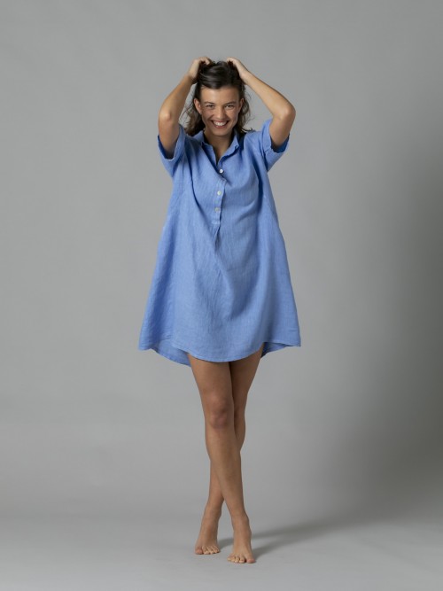Woman 100% linen shirt dress with pockets Blue