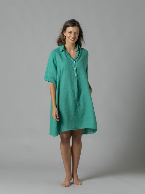 Woman 100% linen shirt dress with pockets Green