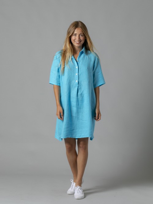 Woman 100% linen shirt dress with pockets Turquoise