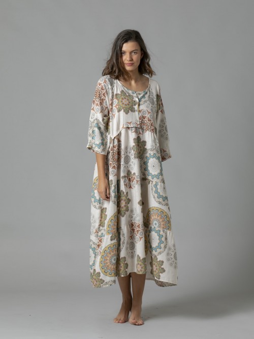 Vestido lino oversize estampado étnico Marfil