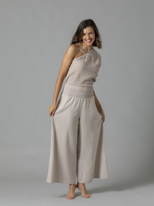 Woman Linen trousers with elastic waist Beige