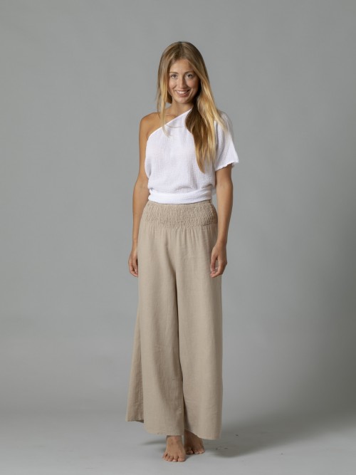 Woman Linen trousers with elastic waist Camel