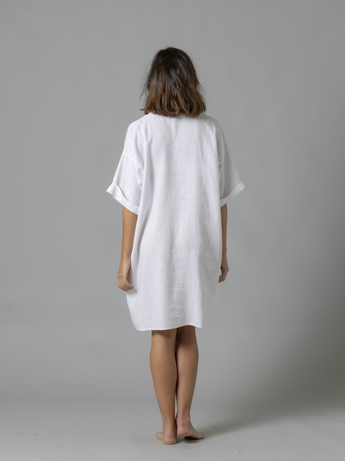Woman Linen shirt dress with elbow sleeves White