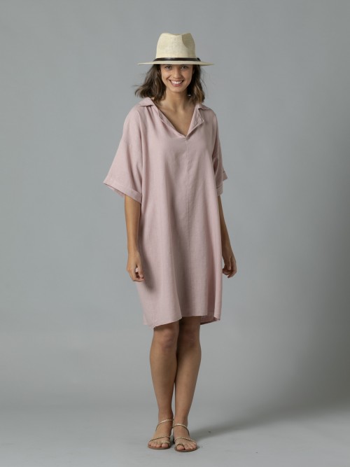 Woman Linen shirt dress with elbow sleeves Pink