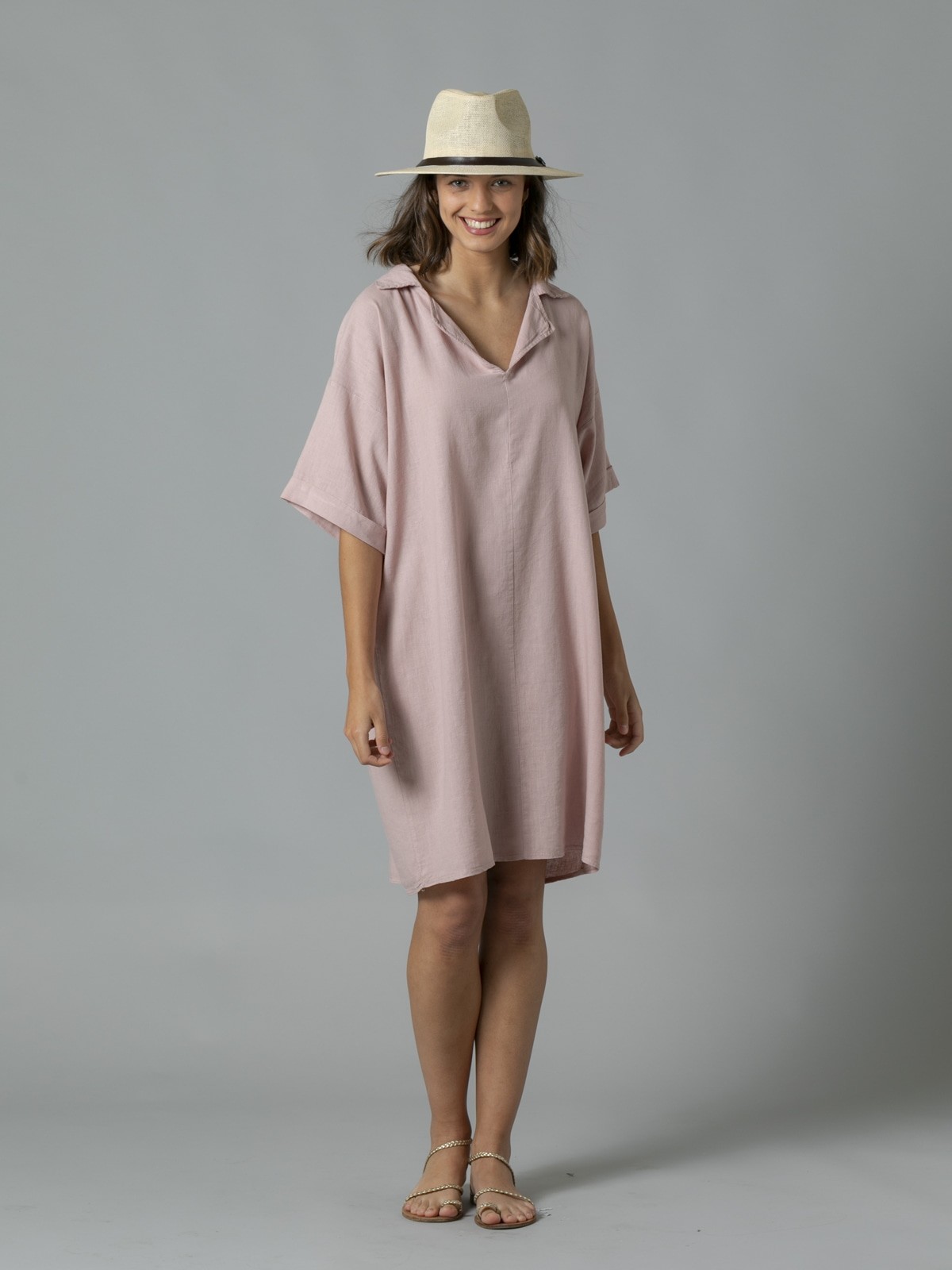 Woman Linen shirt dress with elbow sleeves Pink
