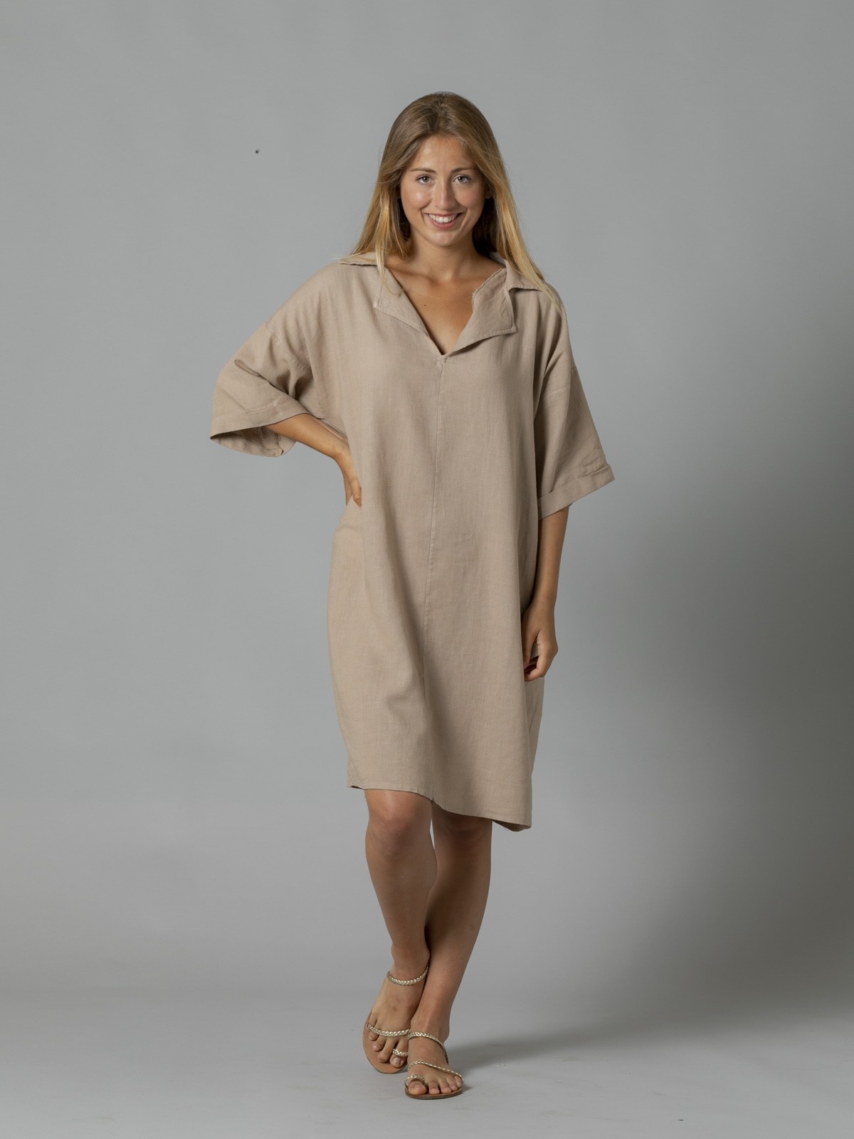 Woman Linen shirt dress with elbow sleeves Camel